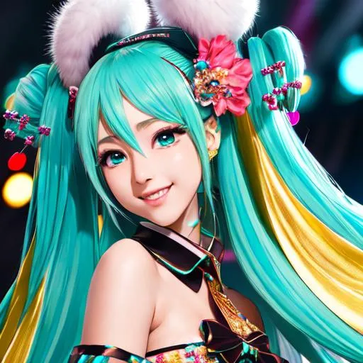 Prompt: Hatsune miku performing stage, crowded by fans, highres, masterpiece, high quality, polite dress, include model's leg, beauty, fantasy, elegant, beautiful nose, realistic face, symetrical facial features, polite pose, smile face