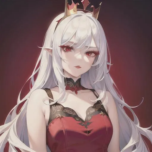 Prompt: (masterpiece, illustration, best quality:1.2), short pure white hair, demonic like red eyes, wearing red silky nightgown, has a tiny golden crown on top, princess theme, best quality face, best quality, best quality skin, best quality eyes, best quality lips, ultra-detailed eyes, ultra-detailed hair, ultra-detailed, illustration, colorful, soft glow, 1 girl