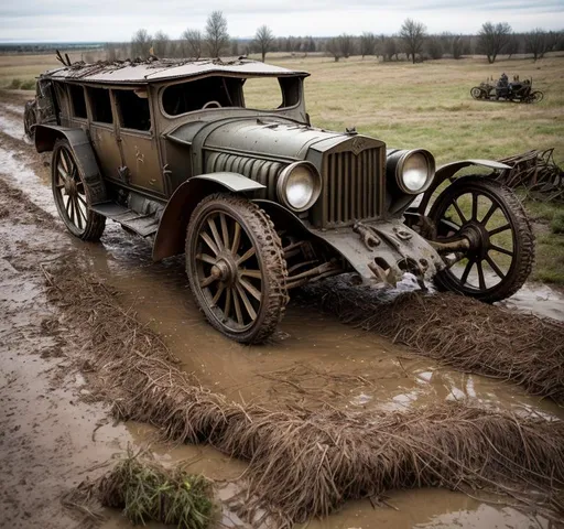 Prompt: A battered steampunk war carriage on the battlefields of ww1. barbed wire, trenches, dead soldiers and horses litter the muddy and destroyed terrain. Burned tree stumps smoilder in the background.