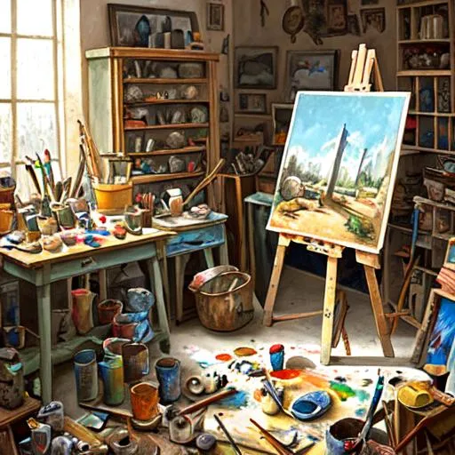 Prompt: A painting of a painter's workshop with paints and brushes laying all around