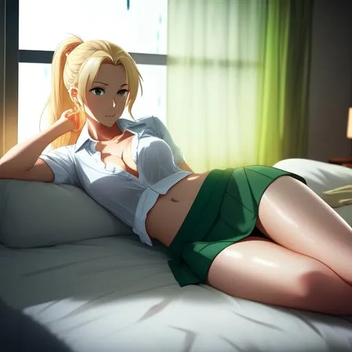 Lady wearing skirt and unbuttoned shirt, lying on be
