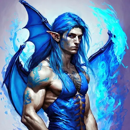 Prompt: Big Blue Dragon wings on an elf man with long Azure hair and fire