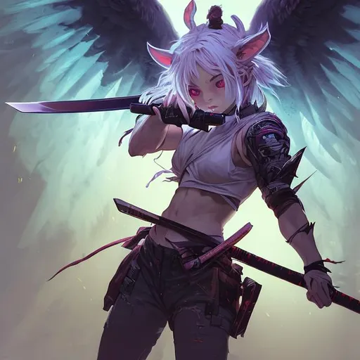 Prompt: a young demon (multi-color hair) (multi-color eyes)(she has rabbit ears) holding a katana, fighting, in a gunfight, bullets flying, fighting in a rural area, sad, (demon tail), (angel wings), lunging at the center, flying in the air

8k resolution concept art by Greg Rutkowski dynamic lighting hyperdetailed intricately detailed Splash art trending on Artstation triadic colors Unreal Engine 5 volumetric lighting Alphonse Mucha WLOP Jordan Grimmer orange and teal Professional photography, bokeh, natural lighting, canon lens, shot on dslr 64 megapixels sharp focus" "ugly, tiling, poorly drawn hands, poorly drawn feet, poorly drawn face, out of frame, extra limbs, disfigured, deformed, body out of frame, blurry, bad anatomy, blurred, watermark, grainy, signature, cut off, draft