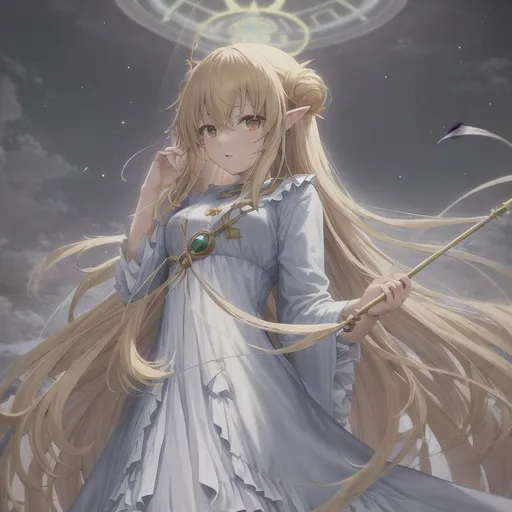 Prompt: Anime, Average Girl, high quality. Full Body. Long Hair, Big Eyes. Anatomically Correct, 4k, Cute Priestess with frilly long dress, Pastel Colors, Fantasy DnD Healer, Disciple of Earth Goddess, Medieval Fantasy, Goblin Slayer Style, Brown Hair, Holding Scepter