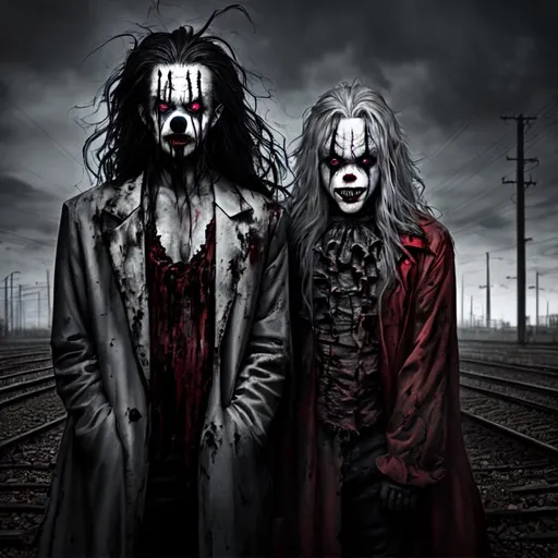 Prompt: Scary, Horror, Ominous, Brooding, Tragic, 3D HD Crazy, Dirty, {Clown}Male, Beautiful big reflective eyes, long flowing hair, hyper realistic, 64K expansive railyard background, 64K --s99500