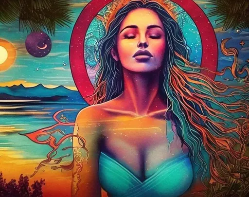 Prompt:  water magic woman red blue purple sunset mountain music  beauty latina moon goddess healer