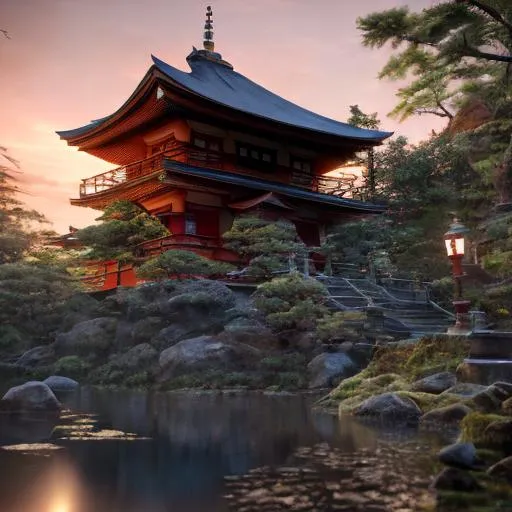 Prompt: Japanese temple, sunset, waterfalls, rocks, trees, nature, beautiful stylish view, 8k