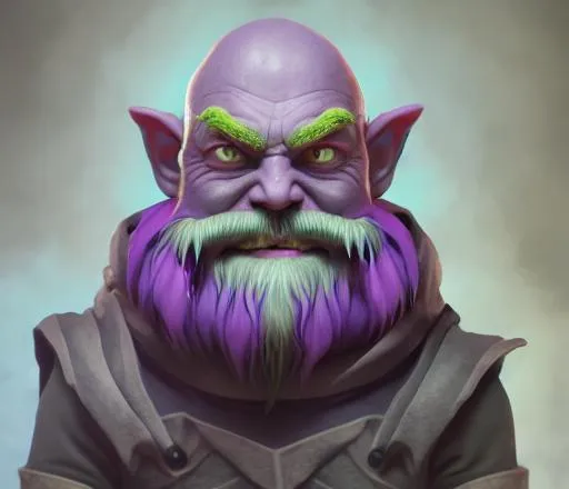 Prompt: Portrait of Dark Gnome with a grey beard and bald head, purple skin, energy daggers perfect composition, hyperrealistic, super detailed, 8k, high quality, trending art, trending on artstation, sharp focus, studio photo, intricate details, highly detailed,