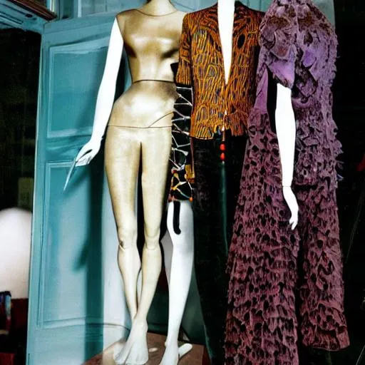 Prompt: schiaparelli Maggie Maurer mountain of clothes floor to ceiling. Vintage shop. Hoarders house. Collectibles. Antiques. Designer furniture. Beauty. Dada. Surrealism dumpster diving in graveyards mannequins. Damien Hirst. History of fashion. History of art. 
