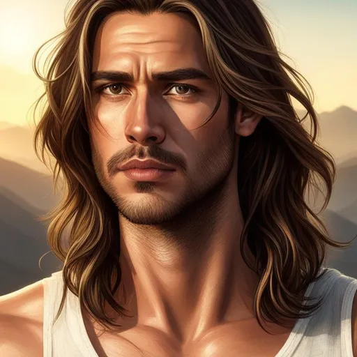 Prompt: man, brown middle part hair, medium long hair, brown eyes, thick black eyebrows, juicy lips, beautiful nose, oval face, golden earring left side ear, mountain background, detailed face portrait, realism, 4k, HD