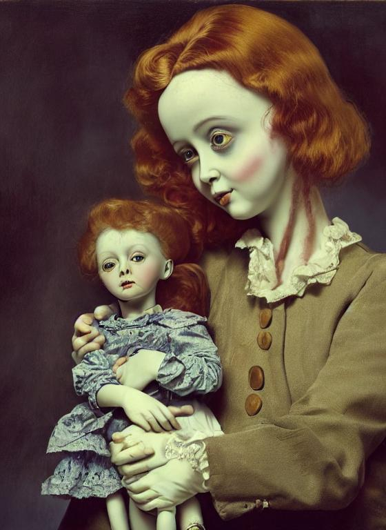 Oil painting of a porcelain doll that has seen hard... | OpenArt