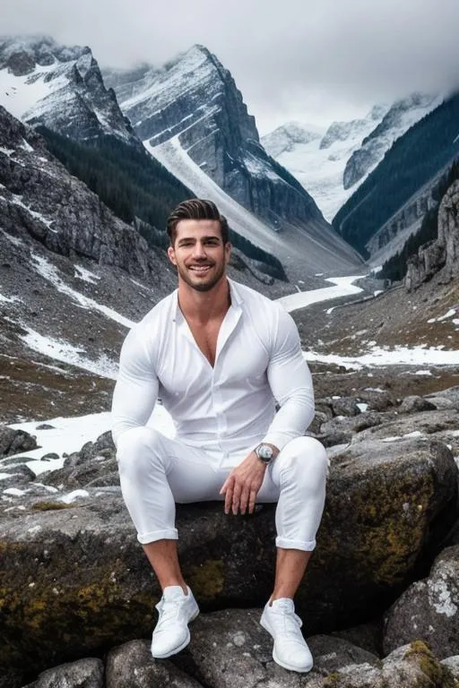 Prompt: a scene of ""hyperreal detailed face", "meditate", "lost in god", parsi hyperreal handsome rugged muscle boy in hyperreal stormy snow mountain, calm smile, white kameez, detailed, hyperreal, sitting, arena, perfect composition, hyperrealistic, super detailed, 8k, high quality, trending art, trending on artstation, sharp focus, studio photo, intricate details, highly detailed, by greg rutkowski
