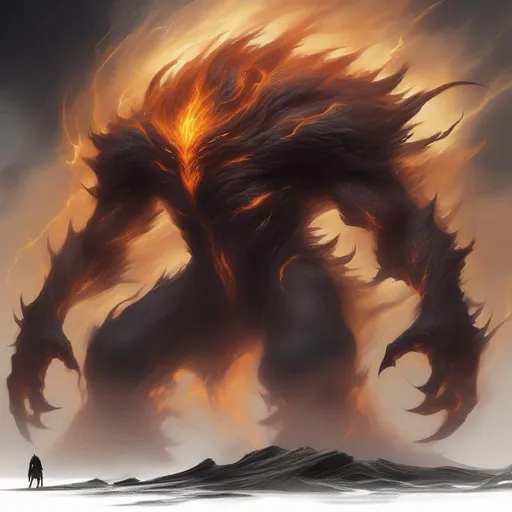 Prompt: a gigantic chaos calamity monster made from wisps of darkness and you could see the orange energy under. It stands tall and slender high above the earth, its power greatest of its kind. A god of chaos