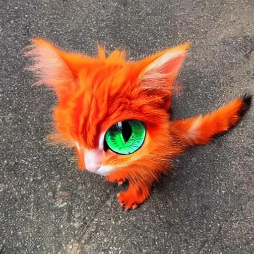 Prompt: Orange, red maned anime cute dragon with green eyes and red pupil with wings, horns in the shape of a V, feathery whiskers and a furry tail. Realistic kitty