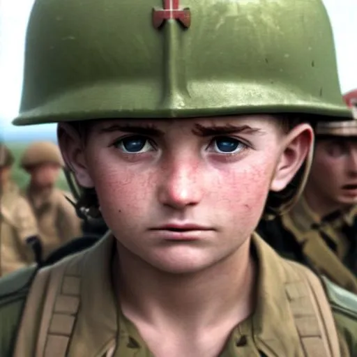 Prompt: Frightened  young WW2 soldier, DDay, Omaha Beach, Closeup of face