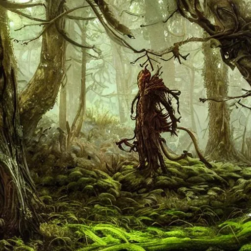 Prompt: Forest Elemental, wooden armor, living armor, fungi, rotting, waiting, alone, moss, digitigrade, standing, D&D, fantasy, cinematic lighting, highly detailed, digital painting, artstation, concept art, smooth, sharp focus, illustration, volumetric lighting, epic Composition, 8k, art by Akihiko Yoshida and Greg Rutkowski and Craig Mullins, oil painting, cgsociety, distant, lonely