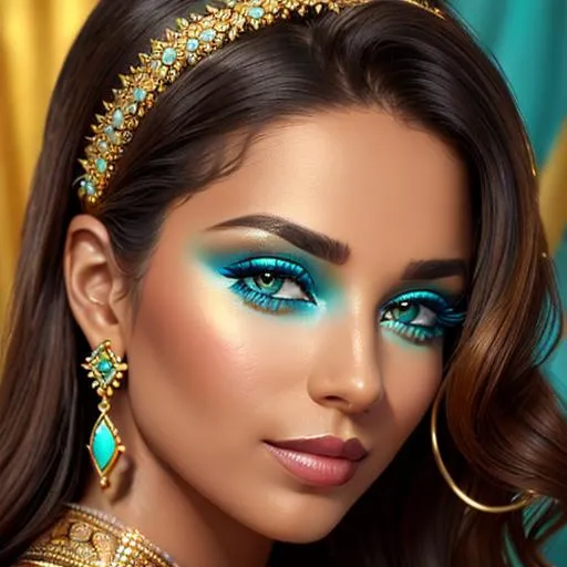 Prompt: A beautiful woman in shades of gold and turquoise, facial closeup