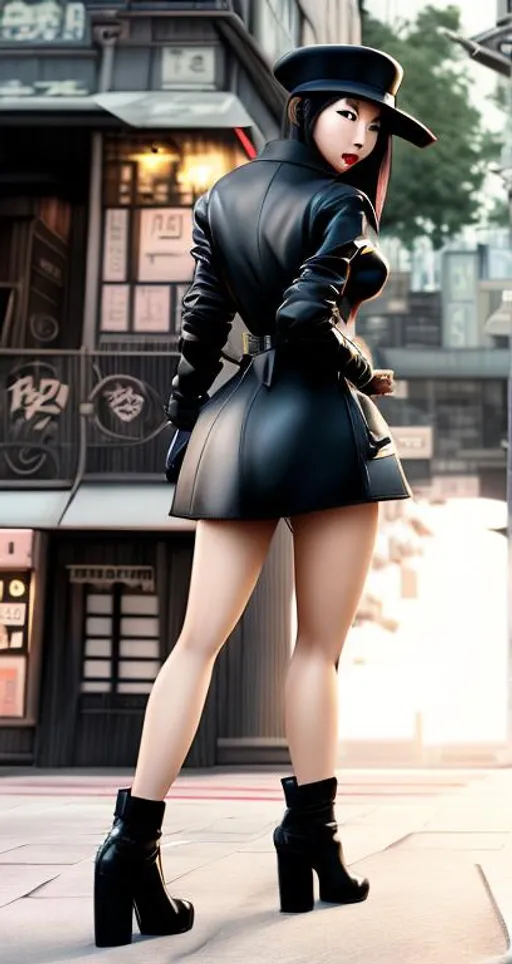 Prompt: a mischievous {{{sexy}}} beautiful asian woman wearing a black chauffeur hat and a tight short black leather coat turns back while walking the street, [erotic motif], (toonami:1.4), (monochrome palette), album covers, mbole art, redshift, cute cartoonish designs, in the style of webtoon, perfect anatomy, anatomically correct,  adult content, UHD, 8K, masterpiece, rendered by octane, unreal engine 5, 