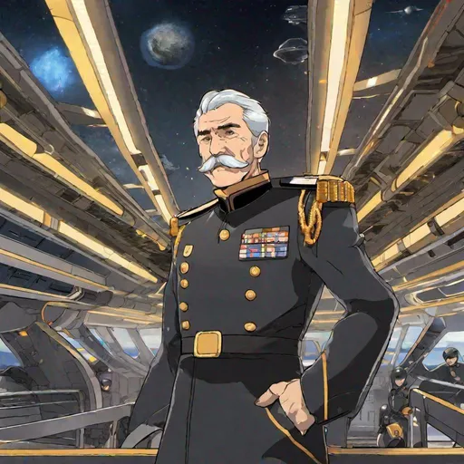 Prompt: An old male scifi space navy officer. He is an old man with grey hairs and mustaches. He wears a scifi black uniform with golden grades. he stands on the bridge of a spaceship, while soldiers works in the background.  anime art. Aniplex art. 2d art. 2d. well draw face. detailed.