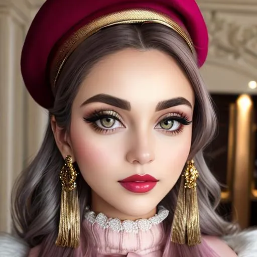 Prompt: big  eyes and carmine lips, silver and golden breaded silk, lips, pink cheeks, wearing a beret