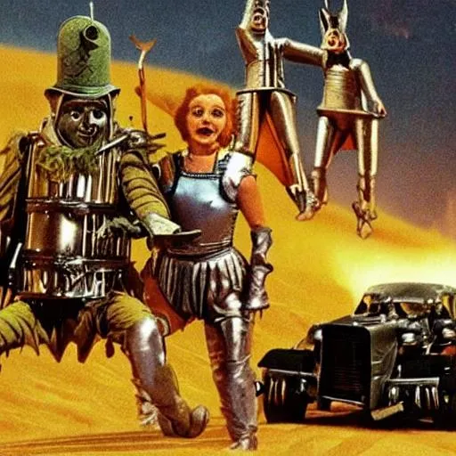 Prompt: wizard of oz wheelers mad max fury road Zardoz thunderdome 