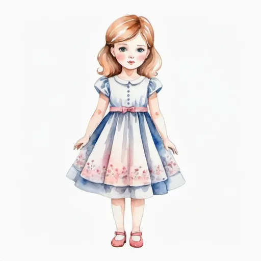 Prompt: young girl, elegant children's dress, standing straight, arms to the sides, paper doll, watercolor,