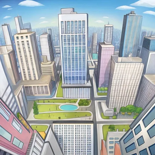 Prompt: modern city front view cartoon background