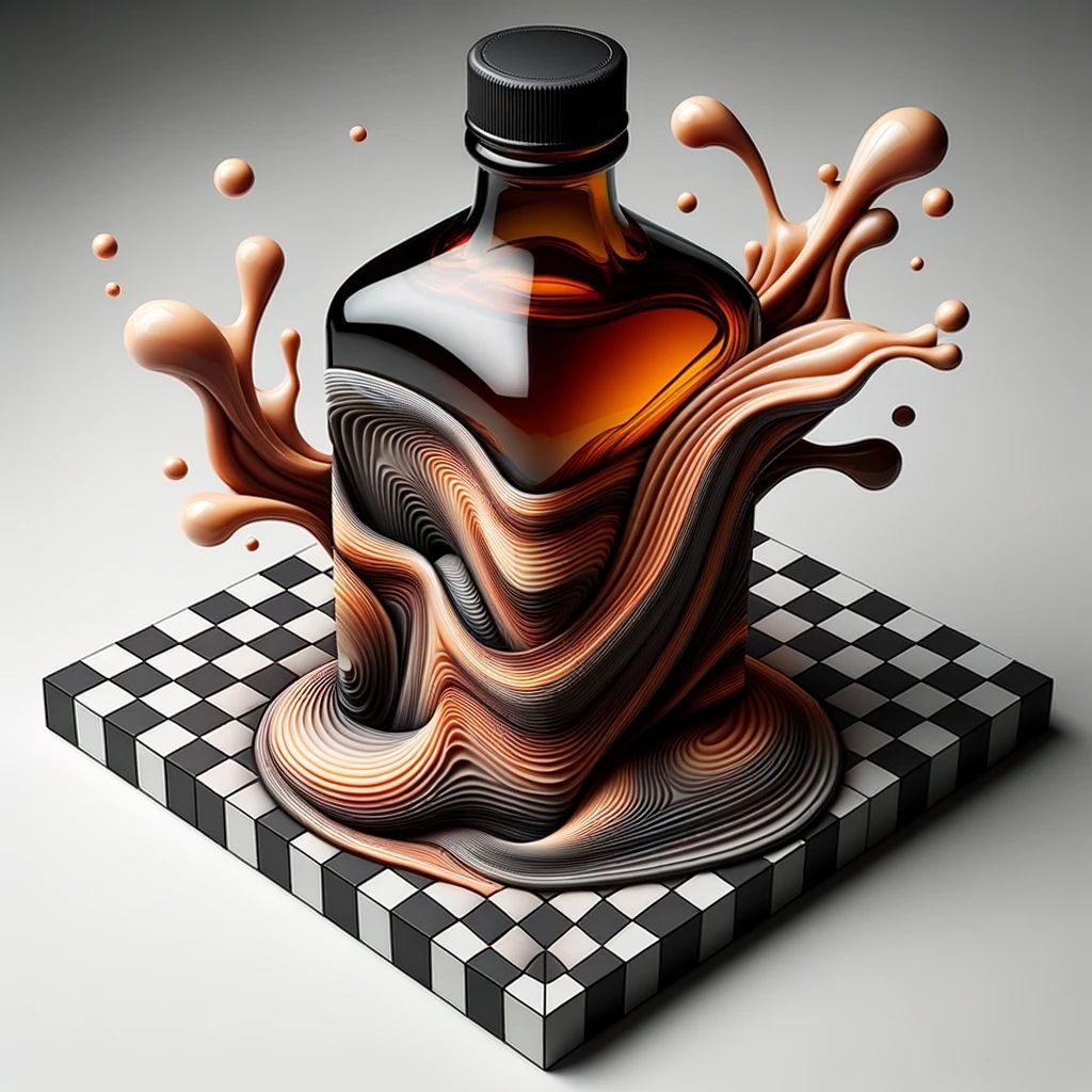 Prompt: On a 3D checkered pattern, a dark amber bottle is placed, which itself contains an intricately designed bottle inside. The outer bottle's surface boasts a photographically detailed portrait with fluid lines, curves, dripping paint, emotive expressions, and highlighted by dramatic diagonals.