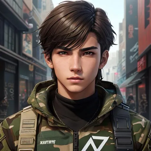 Prompt: Boy, Youth Mafia, 16, Fighter, Muscular, Strong, Brown Hair, Silver Eyes, Camouflage Clothing, Digital Painting, Digital Illustration, Extreme Detail, Digital Art, 4k, Ultra Hd, Anime Character, Detailed, Vibrant, Anime Face, Sharp Focus, Character Design, Wlop, Artgerm, Kuvshinov, Character Design, Unreal Engine