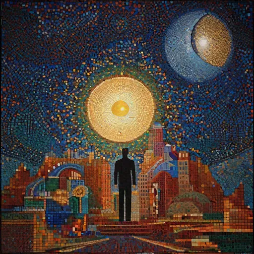 Prompt: fine detailed pointillism painting + low-angle view, Openheimer movie character with phrase "Ahora me he convertido en la Muerte, El destructor de mundos" , colonne greche in degrado, art deco, expressive, rich jewel tones, radiating geometric patterns, Minimalism, abstract mosaic moon and night sky, soft ambient lighting, distinct mosaic patterns, beautiful artwork, surrealism, Style of Leon Bakst, Odilon Redon, Van Gogh, gold filigree line-art, impasto, white-on-white