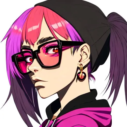 Pop girl, big earrings, profile, colorful hoodie, glasses - Prompt