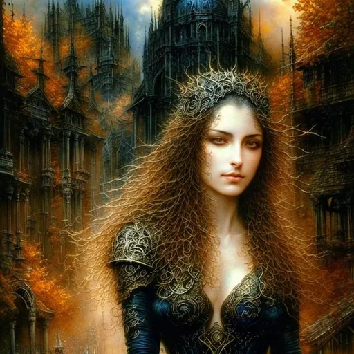 Prompt: (landscape) Luis Royo fine art, dark blue ink, gold watercolor, extremely detailed, precise execution.