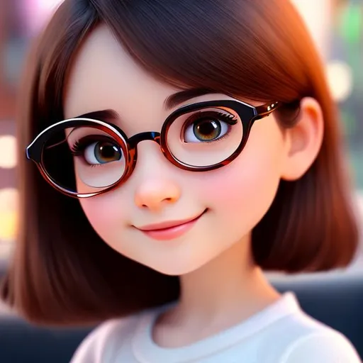 Prompt: Disney, Pixar art style, CGI, Girl with small round chubby face, black almond shaped eyes, extremely pale face, Short  dark brown hair, glasses, cartoon