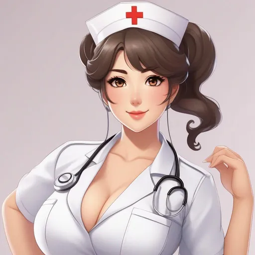 Prompt: Craft an anime waifu character inspired by Latina nurses, radiating compassion and strength. Emphasize her curvy figure with wide hips and thick thighs, while adorning her in a nurse's uniform that elegantly showcases her cultural background. Infuse her appearance with a blend of professionalism, caring, and a hint of flirtatious charm.