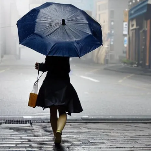 Prompt: A woman is walking on a windy day under an umbrella on the street
