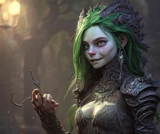 Prompt: /imagine prompt: Character Design, portrait of beautiful young female goblin druid, long black hair, dark ska, green eyes, happy smile, wearing silver scale armor, intricate detail, stunning, photorealistic, cel shading, vivid colors, unreal engine, octane render, ultra detailed, volumetric light, hdr, fantasy, 4k, 8k:: horror::1 candlelight::1 telephoto lens::1 360 panorama::1 yayoi kusama::1 brown color::1 slime::1 --v 4 --quality 2 --stylize 1000
