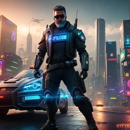 Prompt: Science fiction fantasy art, action shot, cyperpunk fan art render, hyperrealistic, super detailed, 8k, high quality, intricate details, highly detailed, cyberpunk theme, cyberpunk city at night background, flashing police cars,  Middle-aged police officer, pissed off mood, sunglasses, beard, HDR, ray-tracing, hyper-detailed, half robot half human body, science fiction fantasy, long messy hair, unreal engine 5, 8k detailed, digital, artstation, hd, octane render, dynamic shadows, intricate details, 8k, cinematic volumetric lighting, proportional, art trending on artstation, intricate details, highly detailed, intricate artwork masterpiece, ominous, intricate, epic, highly detailed, vibrant, wide angle lens, HD texture pack 