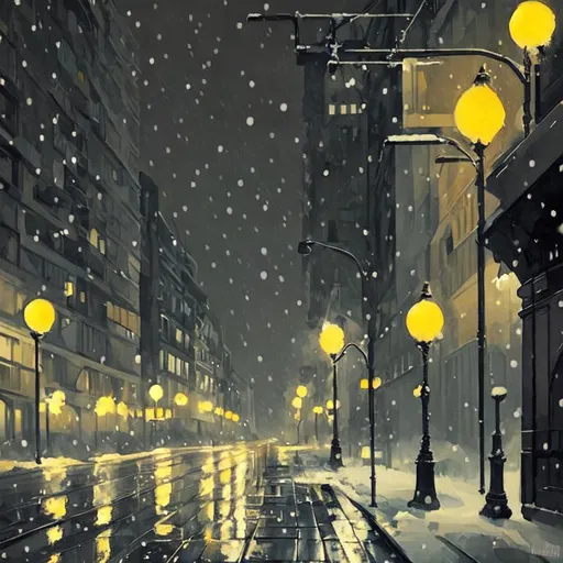 Prompt: Art Deco styled city at nighttime. It is snowing and the streetlights are emitting a warm glow on the street and sidewalk.