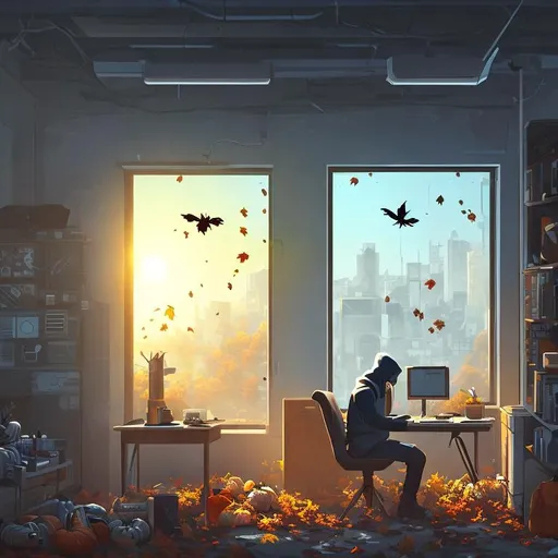 Prompt: A hacker on his computer and a window to outside world during fall in an apocalyptic city
