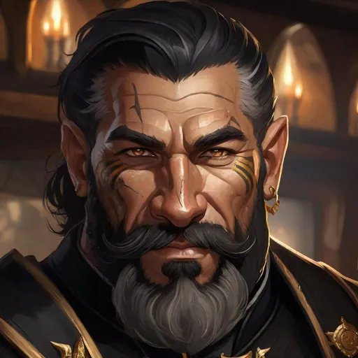 Prompt: Fantasy portrait of a friendly, smiling, middle-aged muscular inquisitor in black uniform, ugly, rugged, with a mane of black hair, pallid skin, thick beard, gold specks in eyes, and bold tattoos, wearing a black inquisitor uniform, with a scarred and wrinkled face, broken nose and scars, barrel chested, in a tavern setting, detailed, highres, fantasy, rugged, tribal, smiling, intense gaze, detailed facial features, dark and mysterious, atmospheric lighting