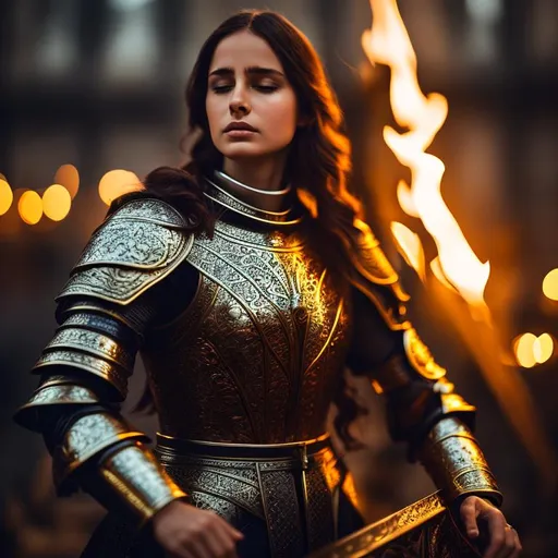 Prompt: Joan of Arc praying, (Masterpiece, top quality, best quality, official art, beautiful and aesthetic:1.2), cinematic shot, centered, Instagram able, ultra detailed, intricate, (epic composition, epic proportion), volumetric lighting, warm color, award winning, photography,