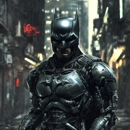 Prompt: Very dark black, gold and green evil distant future bionic enhanced batman. Super soldier. Damaged helmet. Accurate. realistic. evil eyes. Slow exposure. Detailed. Dirty. Dark and gritty. Post-apocalyptic Neo Tokyo. Futuristic. Shadows. Sinister. Armed. Fanatic. Intense. 