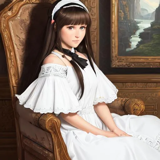 Prompt: UHD, oil painting, hyper realism, full body, digital art, very detailed, zoomed out view of character. Agnès has brown eyes and long brown hair down to just above her knees, kept in place with a black hairband. She wears a knee-length white dress with dark sleeves and black fur trimming at the hem and black embroidery at the bust. She wears a black bolero, a black cinch belt, knee-high black boots with pom-poms and elbow-length black gloves. She has a blue pendant. She wears black gloves and brown boots.