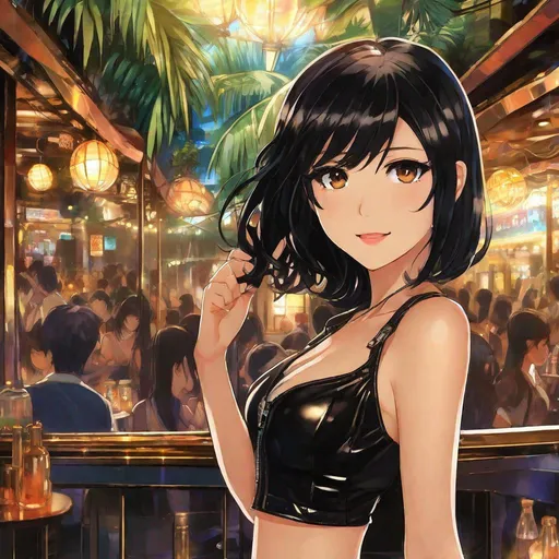 Prompt: anime art, pretty young Indonesian woman, 25 year old, (round face, high cheekbones, almond-shaped brown eyes, ornate black hair), black leather jacket, short leather shorts, leather bralette, navel, looking at viewer, background tropical nightclub, bokeh, masterpiece, Japanese Manga, Pixiv, Fantia