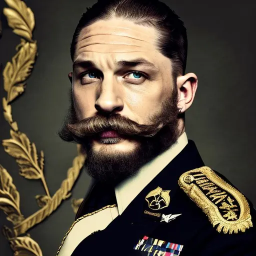Prompt: tom hardy, walrus moustache, military general, black and gold, golf laurel wreath