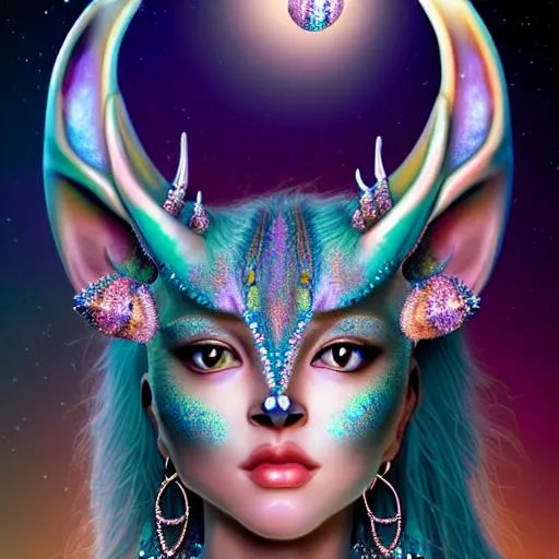 Prompt: Bejewelled Felinoid Goddess, indigo aqua peach smoke silver large photorealistic eyes, (full body view), thin intricate fibonacci fragile pearlescent and iridescent jewelry at the Antelope Canyon rim, flowing cream-colored silk fabric, raptors.  beautiful facial features, pointy ears, hyperspace crystal moon in the style of artgerm and ilya kuvshinov. Female art. Extremely ornated. unreal engine, ray tracing, detailed illustration, 128K UHD