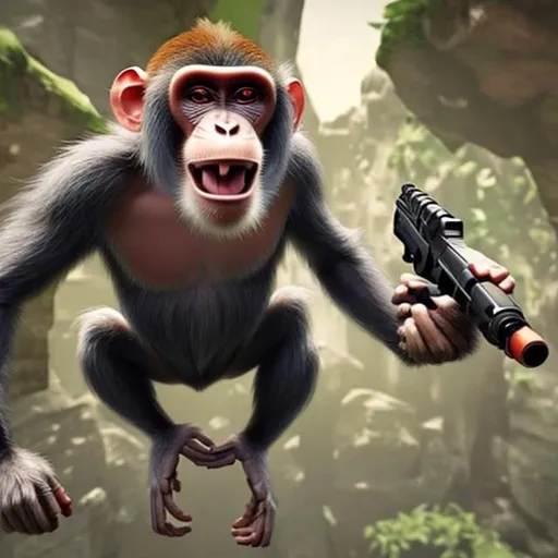 Prompt: a monkey that flying while t-posing
with a gun thats anger and killed a guy 