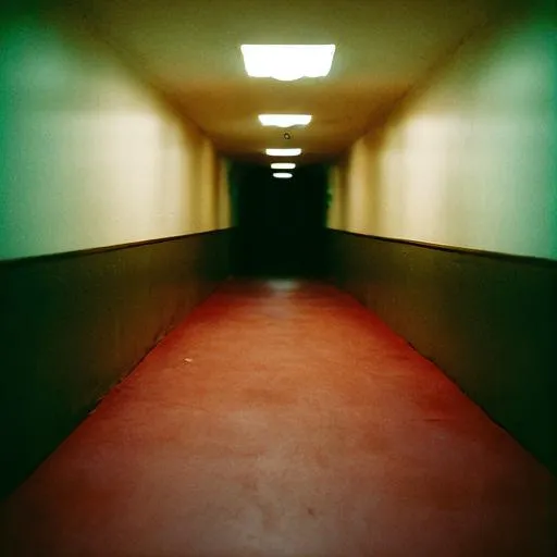 Prompt: scary hallway with yellow wall paper and fluorescent lights on the roof there is also blood on the ground