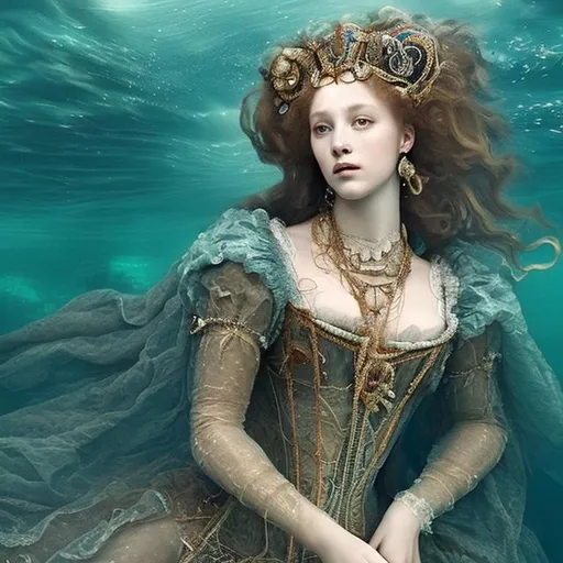 Prompt: woman in 16th century dress underwater lounging.  hair, elaborate hair, fabric, lace, bubbles. French hood, jewels, queen.  deep water.