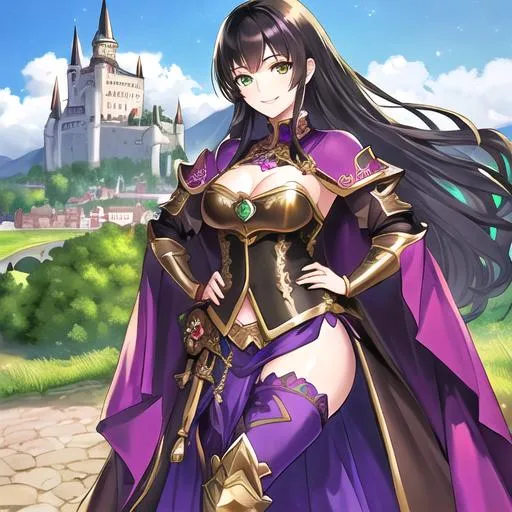 Prompt: Female Human, Black Hair, Green eyes, small cleavage, intricate purple Armour, intricate armored kilt, purple clothes, brown boots, smiling, portrait, small cleavage, face lit by light, standing on a hill with a castle in the background, hands on hips, 100mm, 8k resolution.